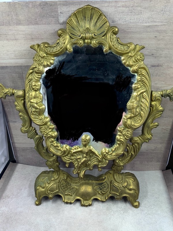 Vintage Ornate Swivel Vanity Mirror 13” Brass Tone Cherub Angels French Decor