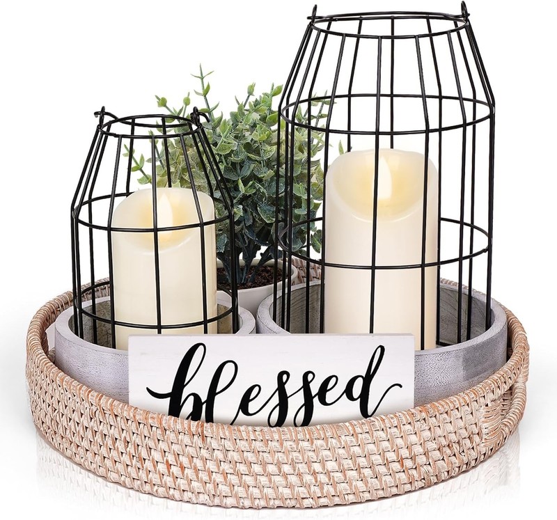 Rustic Farmhouse Decor Set, 7 Piece Lantern Tray Candle Centerpiece Decor