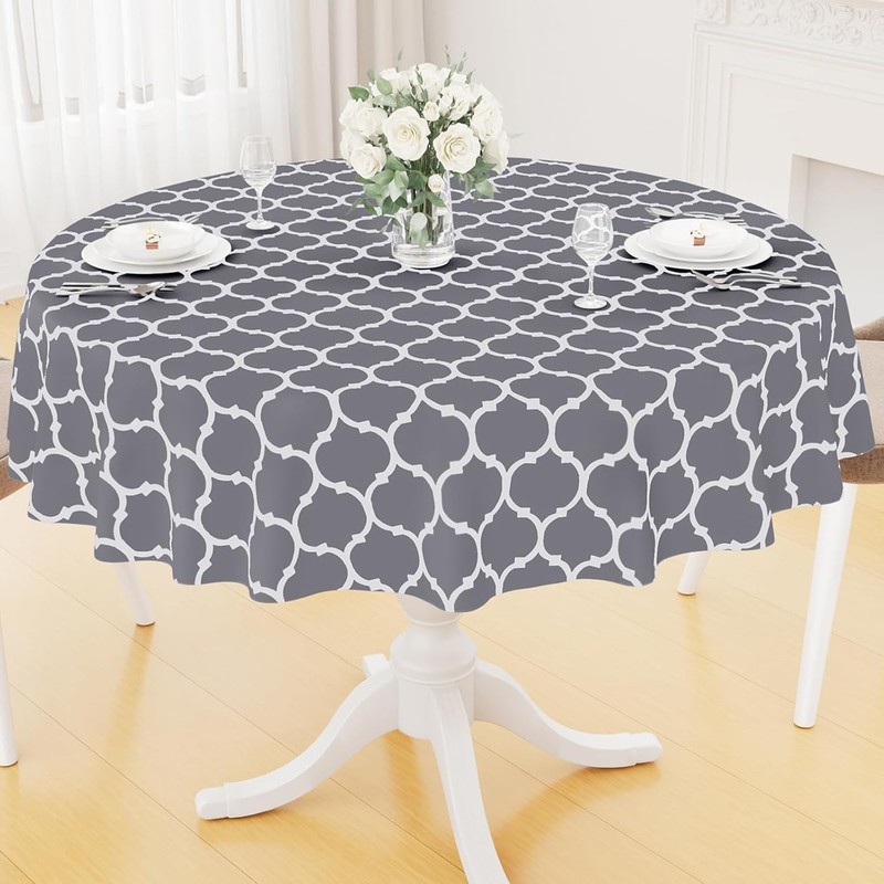 Round Plastic Table Cloth, Waterproof Vinyl Tablecloth with Flannel Backing for