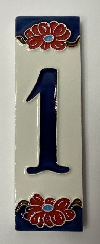 Tile House Number 1 Red Blue Flower Ceramic Approximately 6×2”