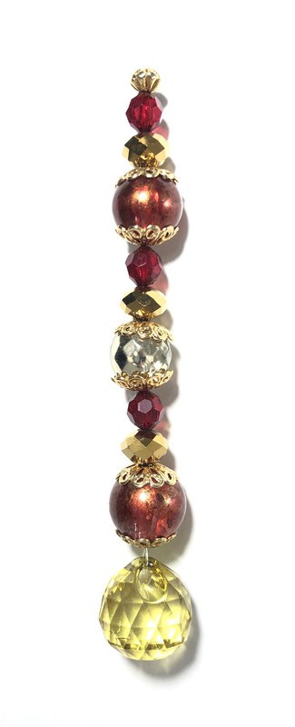 Handmade green & red bead suncatcher w/ gold & clear bead accents. Copper hook.