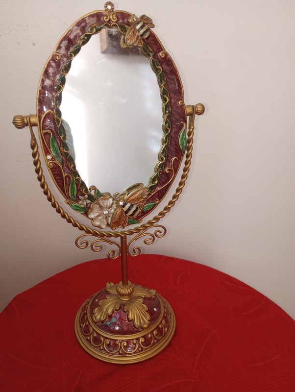 Table Top Swivel Mirror Enamel Rhinestone Flower Bee’s