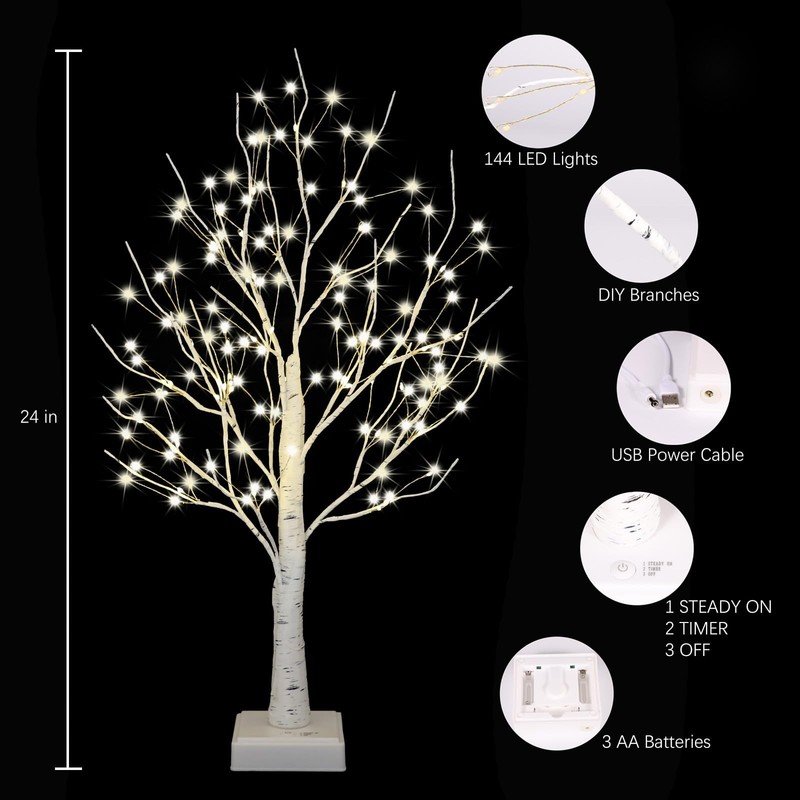 Lighted Trees for Indoor Decor with Timer, 144 LED 2FT White Light up Birch T... gallery