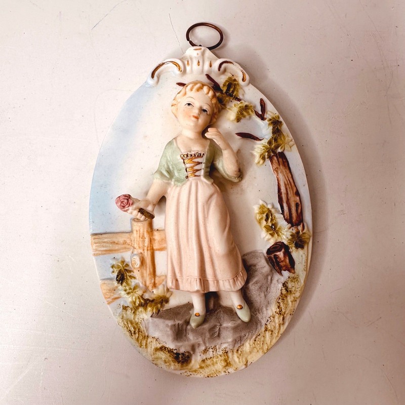 Vintage Bisque Porcelain 3D Relief Wall Plaque Pastoral Woman Rose Gold Gilt 7in