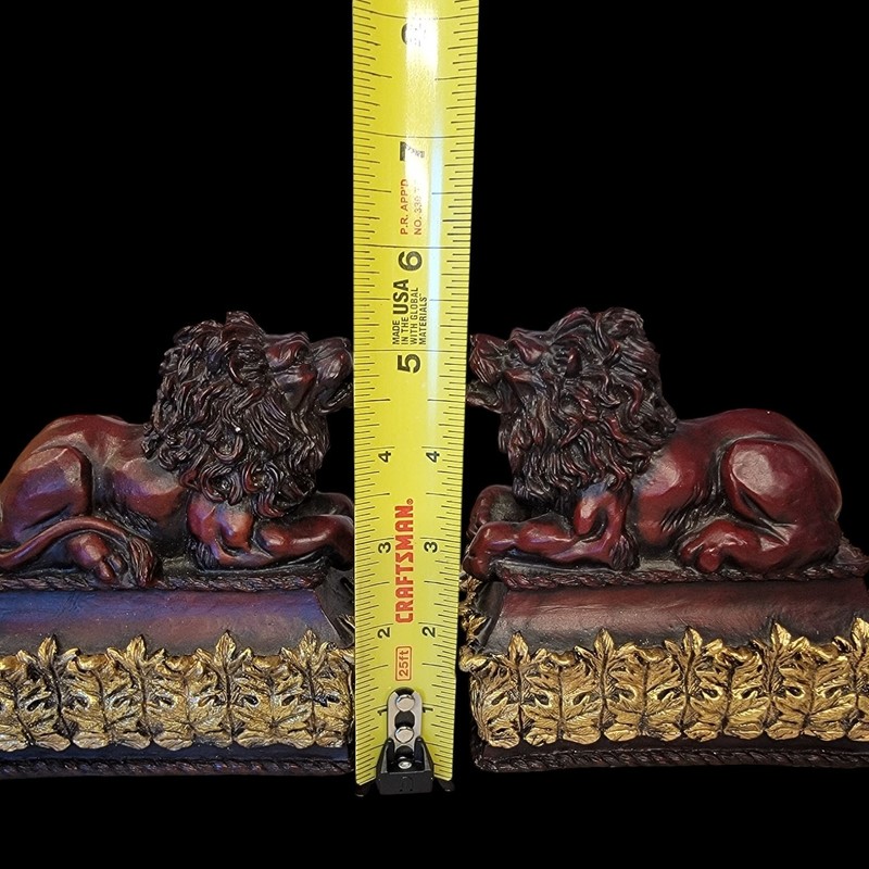 Lion Bookends Pair Faux Wood & Gold Leaf Resin 5.5" gallery