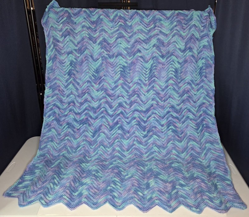Afghan NEW Handmade Crochet Throw 41”x 51” Chevron Design Blues,Purples