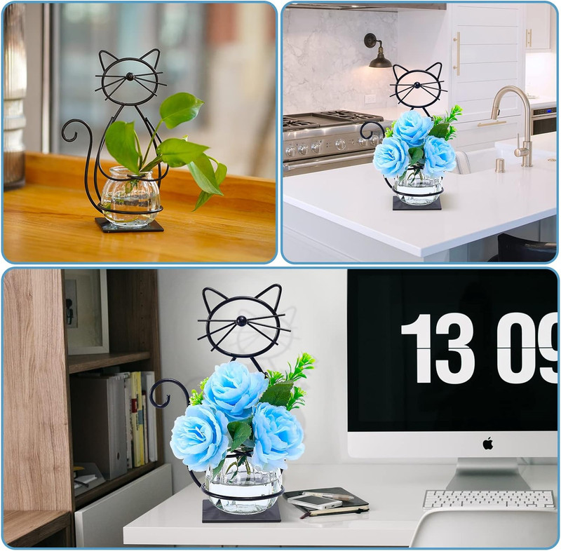 Desktop Glass Planter Vase Holder, Metal Cat Plant Terrarium Stand for Plants Cr gallery