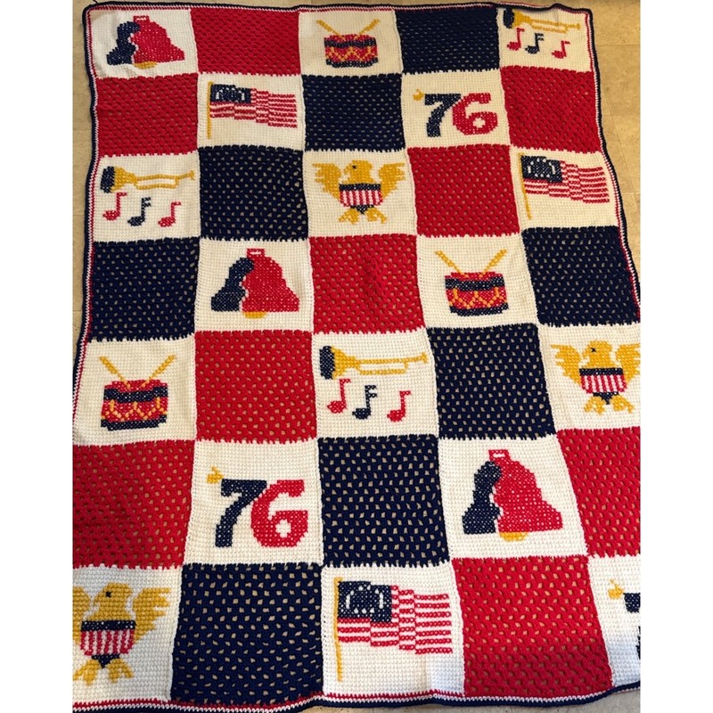 Vintage Patriotic Crochet Afghan Blanket Spirit of 76 Americana Red White Blue