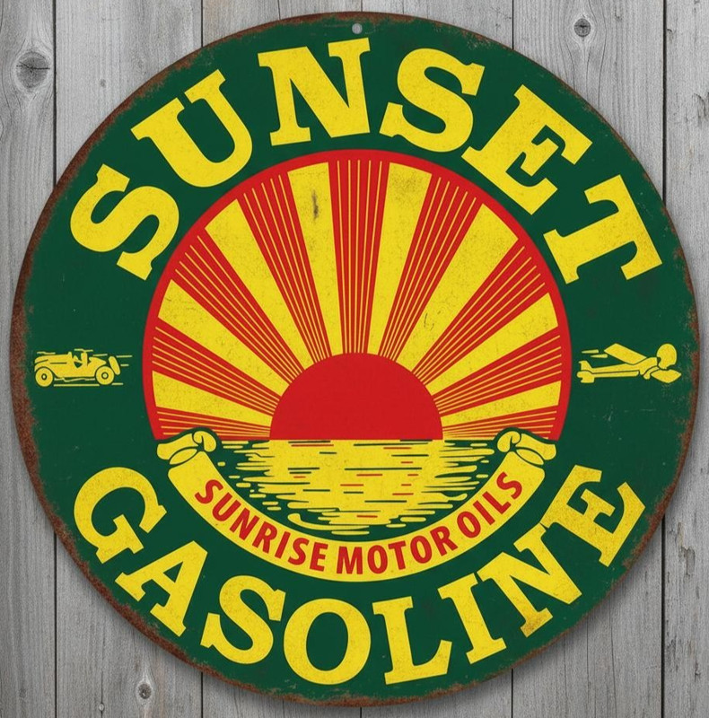 Sunset Gasoline 12″ Diameter Vintage Novelty Metal Sign Made In USA