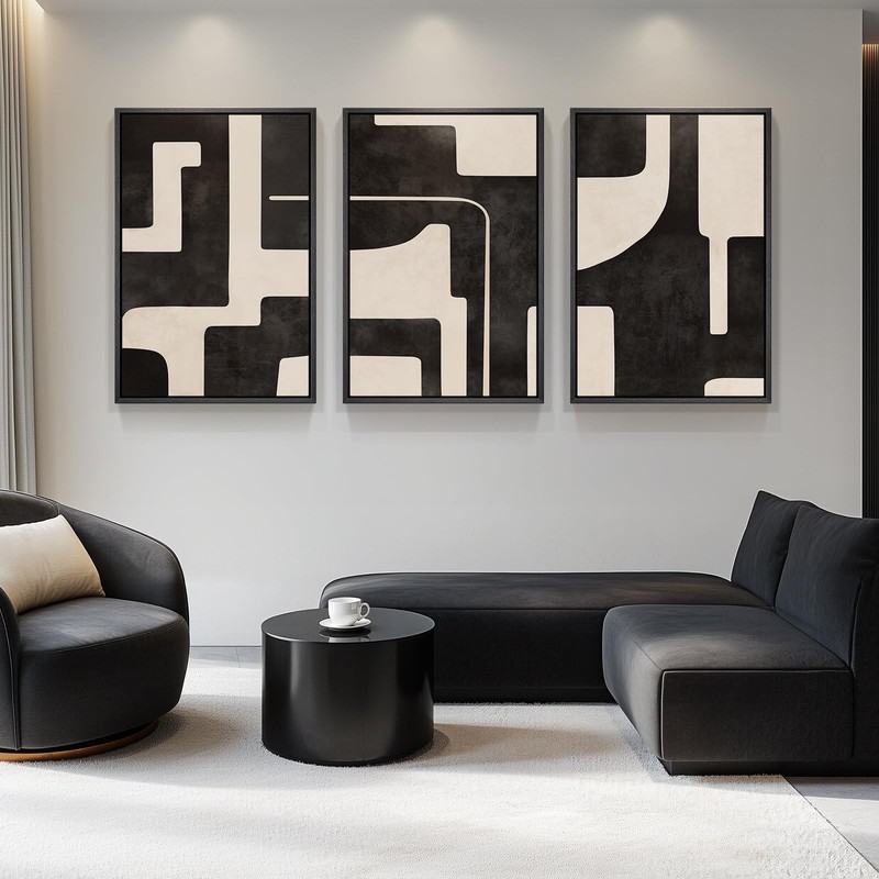 Large Framed Neutral Abstract Wall Art for Living Room, 3 Piece Black Beige C... gallery