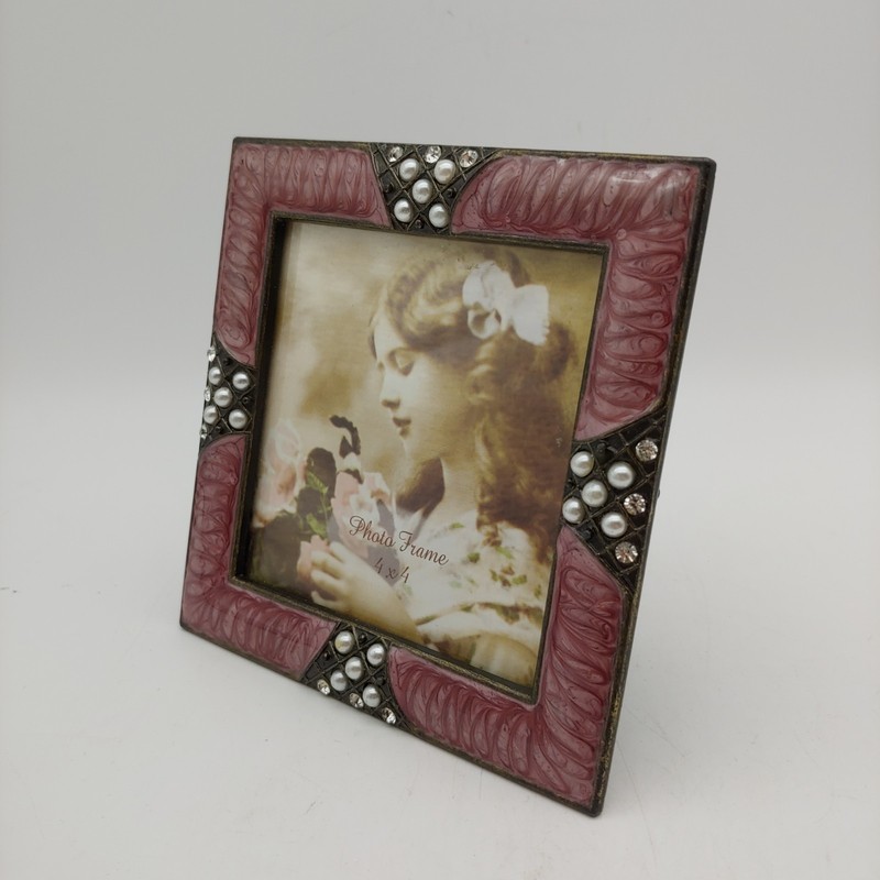 Ornate Enamel Pearl & Rhinestone Photo Picture Frame - 4x4 Square Purple Silver gallery