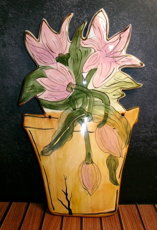 Large Pink Flowers Yellow Pot- Ceramic Blue Sky Clayworks Wall Plaque