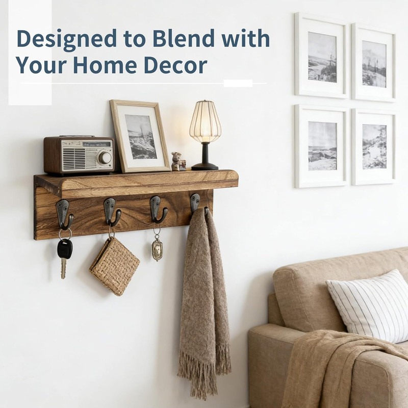 Key Holder Wall Mount, Rustic Wood Key Holder for Wall with 4 Hooks for Key Hang gallery
