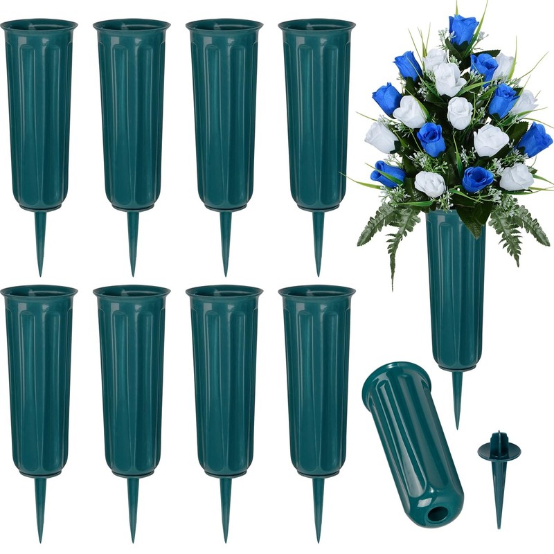 Cemetery Memorial Flower Vases Ground Spikes Plastic Holder Dark Green 10 PCS